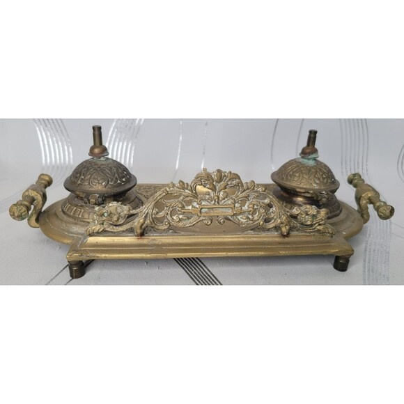 Vintage Ornate Double Ink Well Brass w Inserts Covers Decorative Desk Victorian - Picture 4 of 11